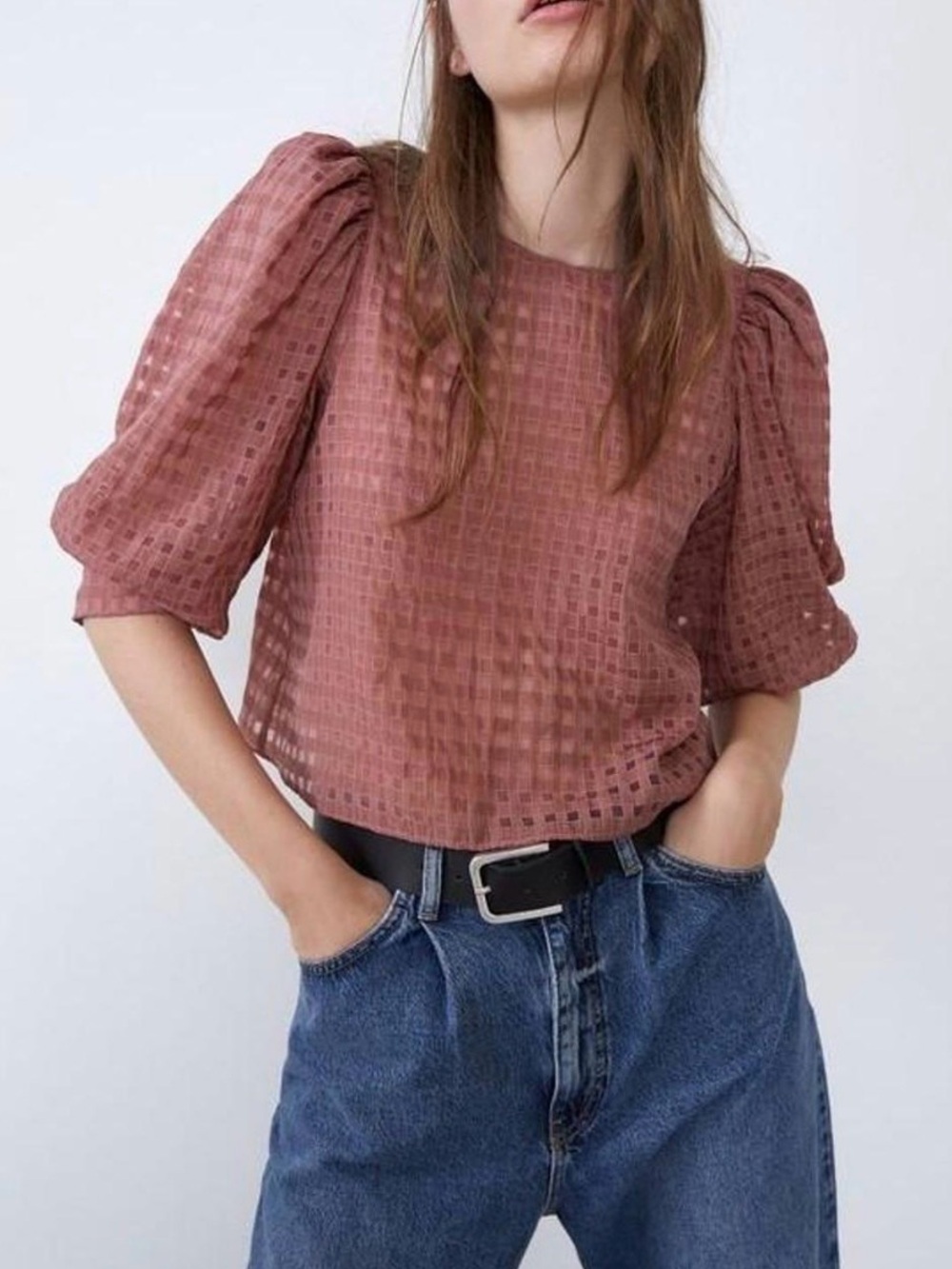 Salmon Eyelet Puff-Sleeve Top in Coral